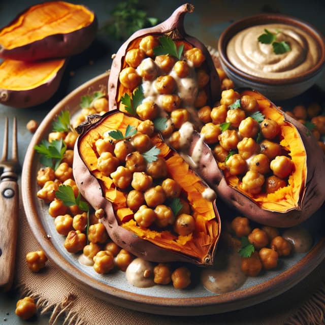 Stuffed Sweet Potatoes with Chickpeas and Tahini Sauce